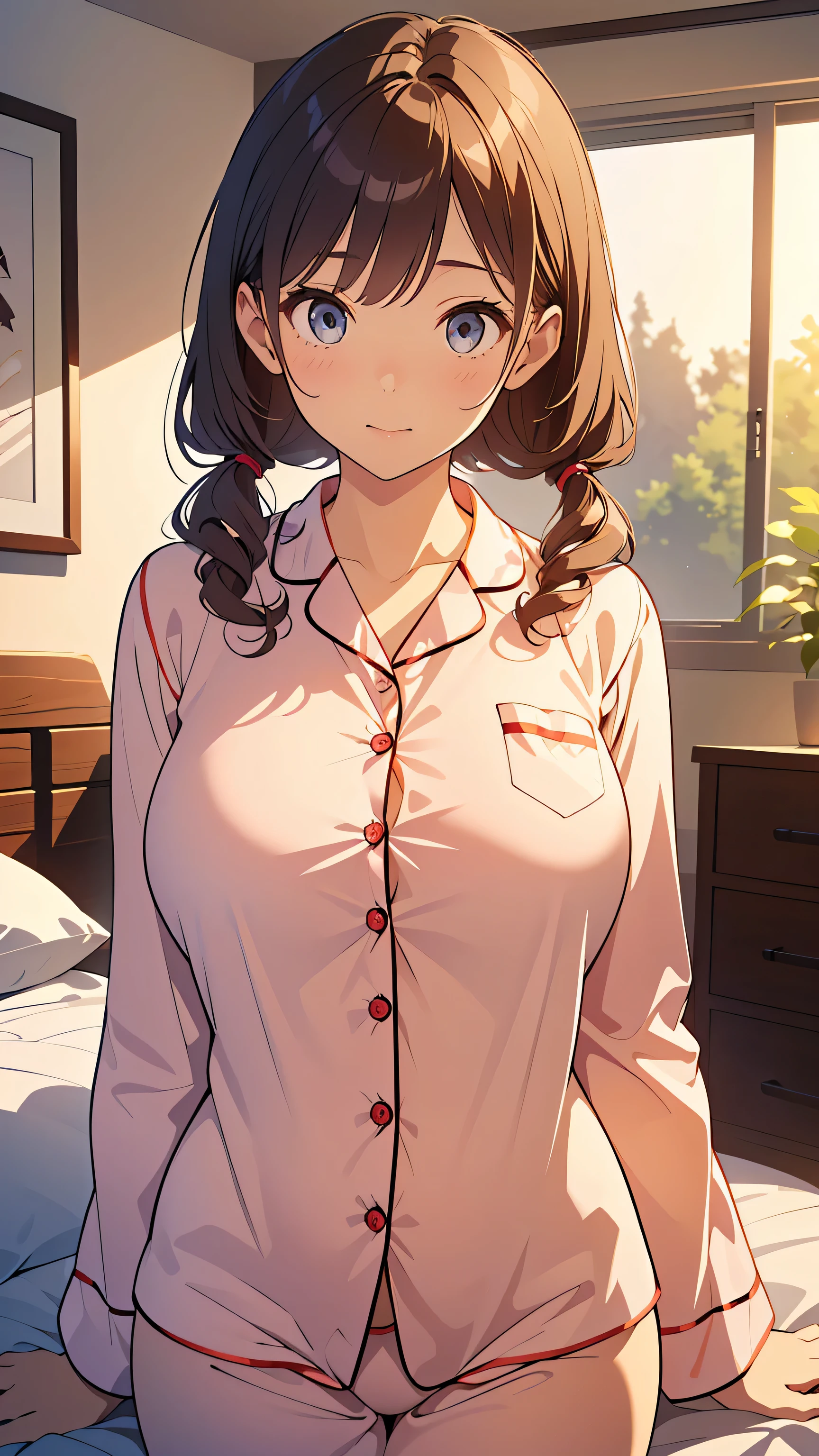 (high resolution), the digital cartoon female standing, 1girl, woman, mature female, house wife, 40 years old, curvy, breasts, smile, (pajamas:1.5), gigantic breasts, solo, brown hair, ponytail, blunt bangs, brown eyes, looking at viewer, bedroom,