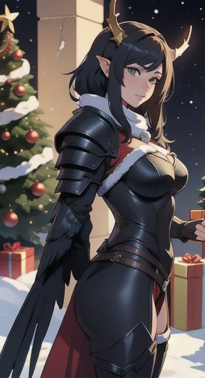 Archfiend Miravelle, obsidian horns and wings, playgame, Large display, winter armor, Christmas day, christmas tree and presents, SFW