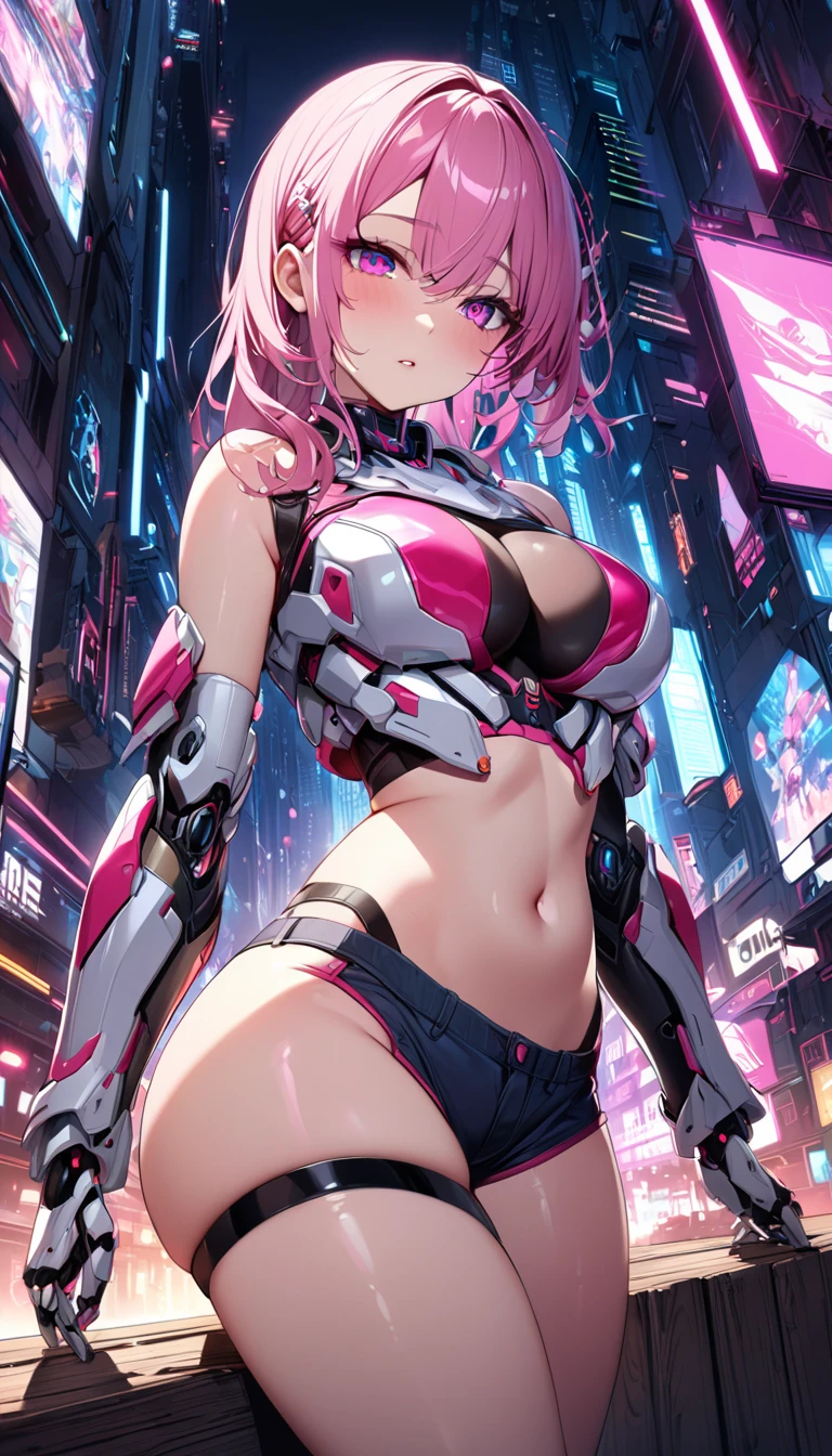 (best quality,4k,8k,highres,masterpiece:1.2),ultra-detailed, anime style, vapor wave aesthetic, line art, huge breasts, bimbo, Slim thicc waifu:1.5, heart patterned bikini with harness, heart tattoo on breast:1.5, large nipple bulge, purple and hot pink background, setting sun, erotic pose:1.5, wearing large headphones, waifu, ((standing on the shoulder of a mech)), seductive expression:1.2,  smile with teeth