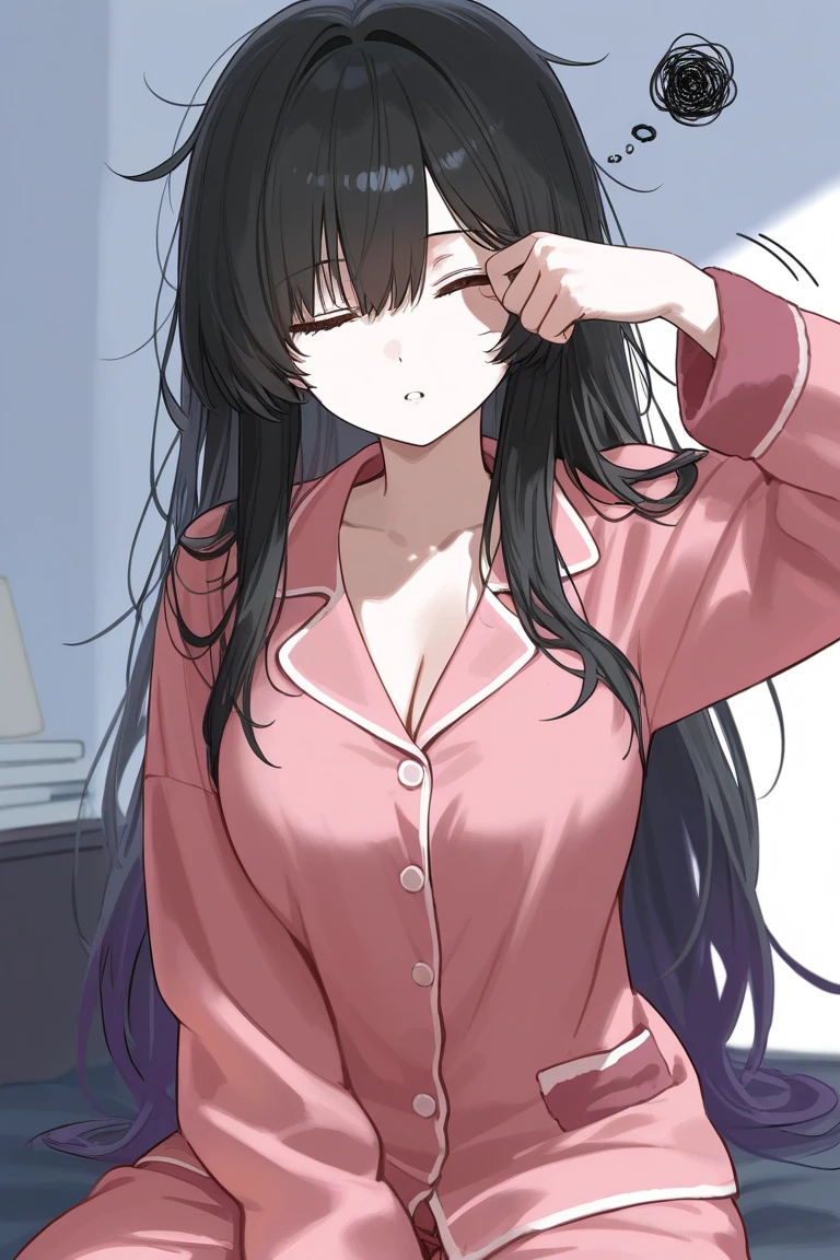 1girl, mature women,perfect ,black hair, long hair, (hair over one eye:1.4), messy hair, hair between eyes,plump, saggy breast, pajama, cute shy blush on , bedroom