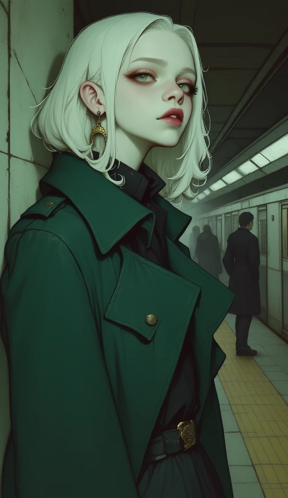 full body view,  vampire girl , with pale skin ,  white hair,   young,   expression, detailed eyes,  cat eyes , eyeliner,  He wears a military green trench coat, waiting for the subway at an abandoned station,  artificial lighting,  Masterpiece, Dynamic pose  