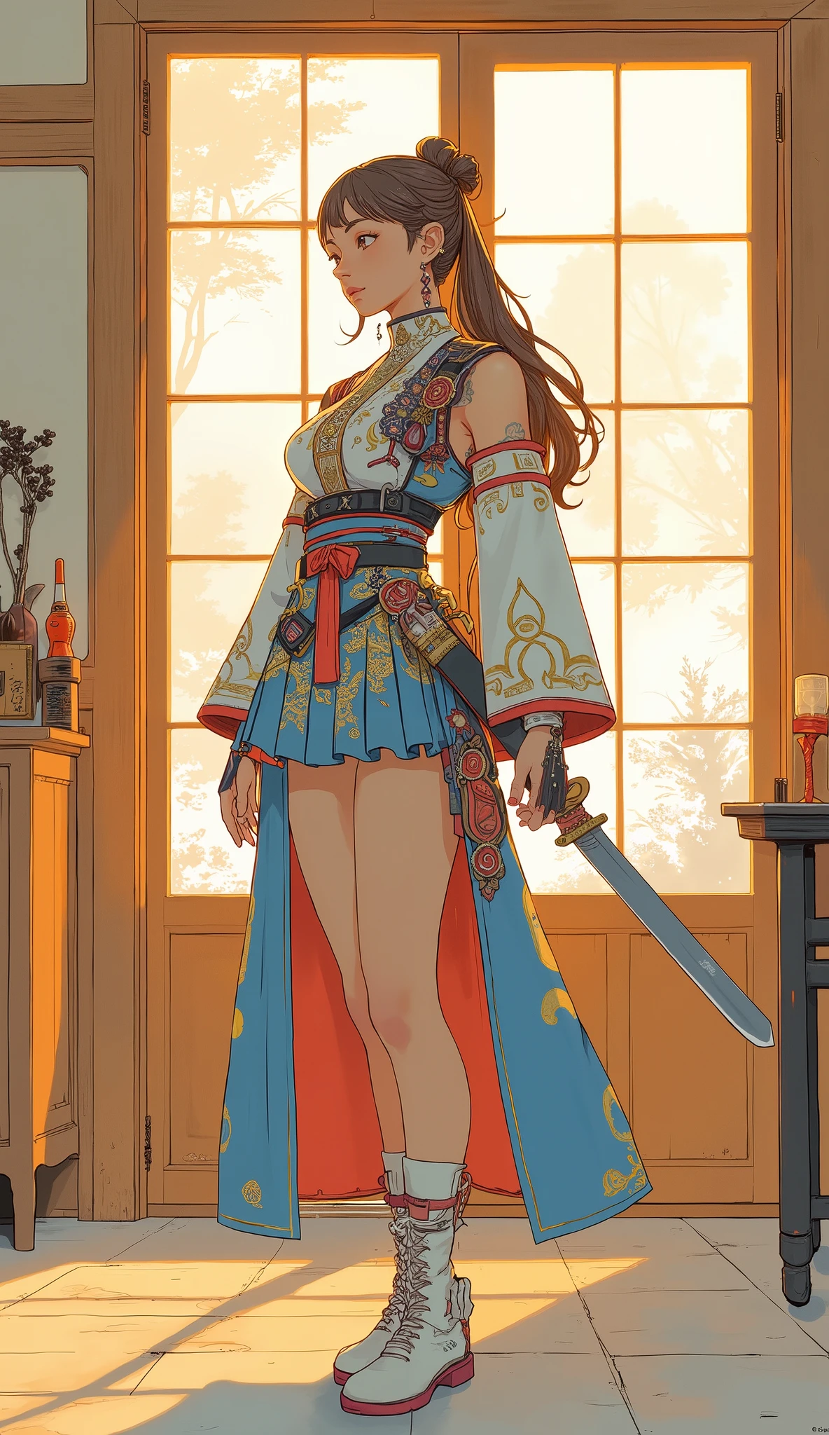Young woman standing in a sunny room with traditional shoji doors, illuminate her figure with soft light, Warm Light. Her Long, has brown hair nicely styled in a high ponytail, It flows down my back. mixes including floral patterns and abstract designs She highlights the harmony between her bright , Intricate and detailed clothing combining elements of modern and traditional styles. The attire features a fitted top and skirt adorned with colorful embroidered motifs, include, Mainly shades of blue, red, Money and. For accessories、I have dangling earrings and fingerless gloves, In harmony with the ensemble. She has a sword in her right hand 、, its sheath decorated with red accents. The atmosphere of the image is gentle yet powerful, evoke elegance and strength. This composition is、outfit and gentle lighting, must create a visually captivating scene .