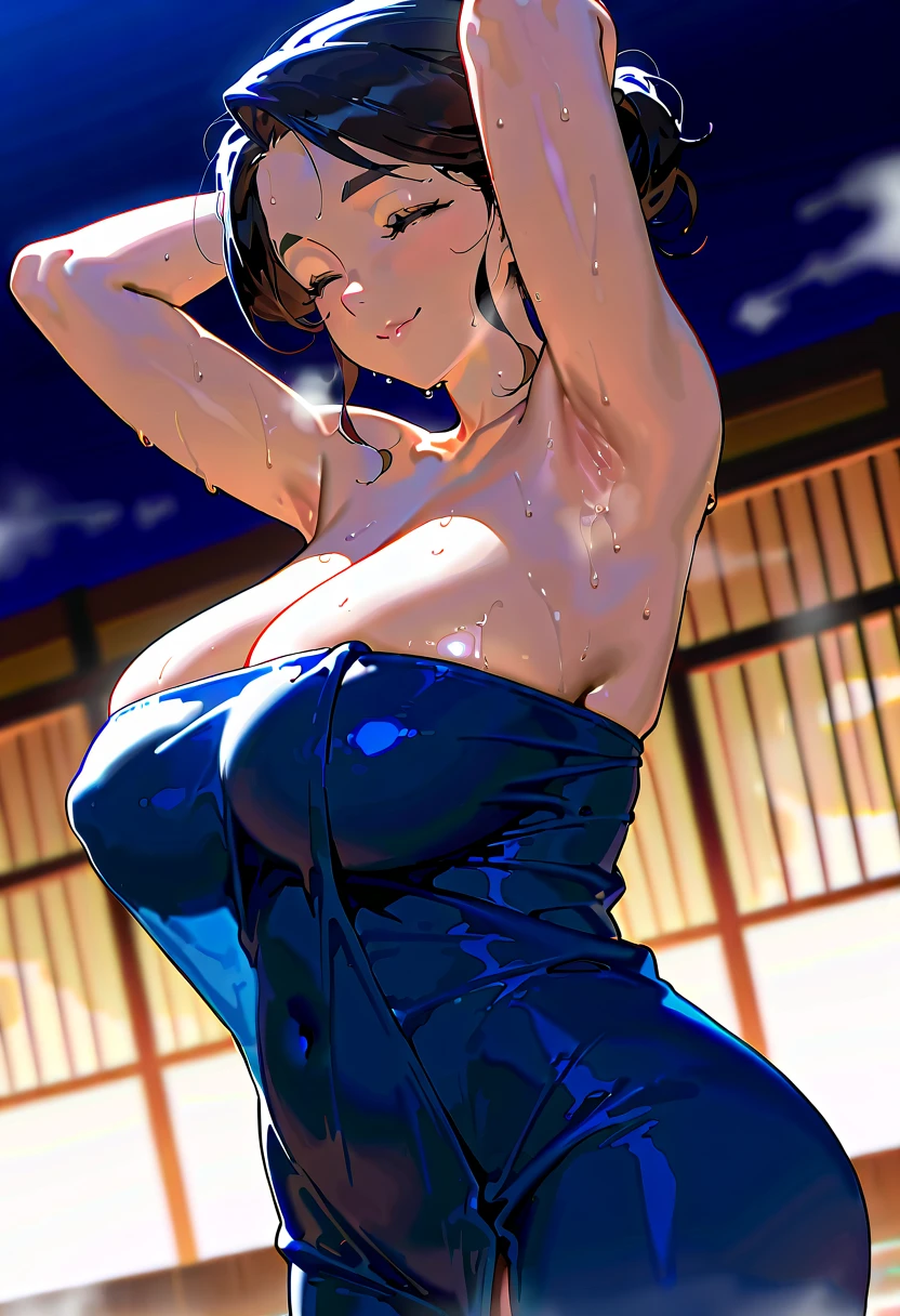 Miku nakano , sexy, leggings negros, top negros, blue eyes, big tits, big ass, good good, she's in a sauna, brown hair, pinkish white skin, beautiful hands, beautiful face, well lit, 8k blushing, sexy , sauna , vapor