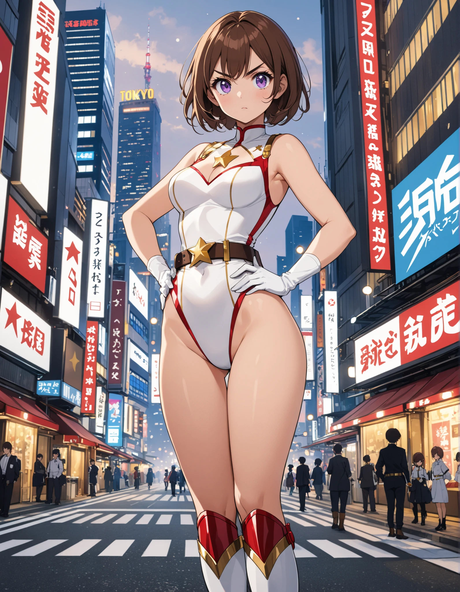 1girl, solo, short hair, brown hair, purple eyes, (full body), standing, perfect hands, hires, fine details, hands on hip, (sleeveless blue, white and red leotard with yellow accents and star emblem embedded in chest area), matching white gloves, bare legs, superhero, tokyo city backdrop, matching boots, medium breasts, 20 age
