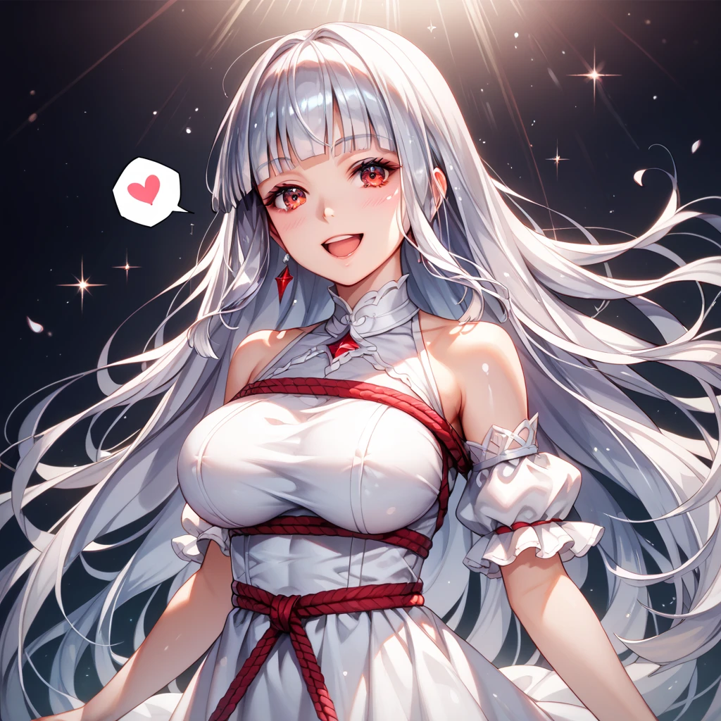 look towards the viewer, standing character, (anime coloring),(masterpiece),(best quality),(ultra-detailed),(best illustration),(absurdres),(detailed background), YUUNA YUNOHANA, LONG HAIR, (HALF CLOSED RED EYES:1.3), WHITE HAIR, CLEAVAGE, WHITE WEDDING DRESS, WHITE CLOTHES , GHOST, TRIANGULAR HEADPIECE, ALBINO, lady body 18 years, shy, looking at viewer, more close to the viewer, adult, tall body, open smile,kissing, jealous, steam artwork, beautiful hair, open mouth, SHY EXPRESSION, white clothes.
