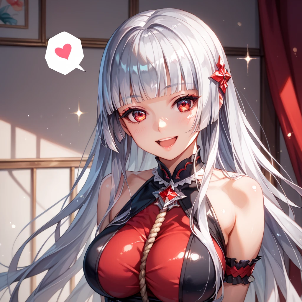 (masterpiece, best quality:1.4), 1 girl, 独奏, Red pupil, Blurred eyes, Smile, Look up and down, Pink lower lip, Left index finger touching face, Silver asymmetrical hairstyle, Long bangs on one side, High ponytail royal sister, Huge breasts, White Dress, Vision, black background.