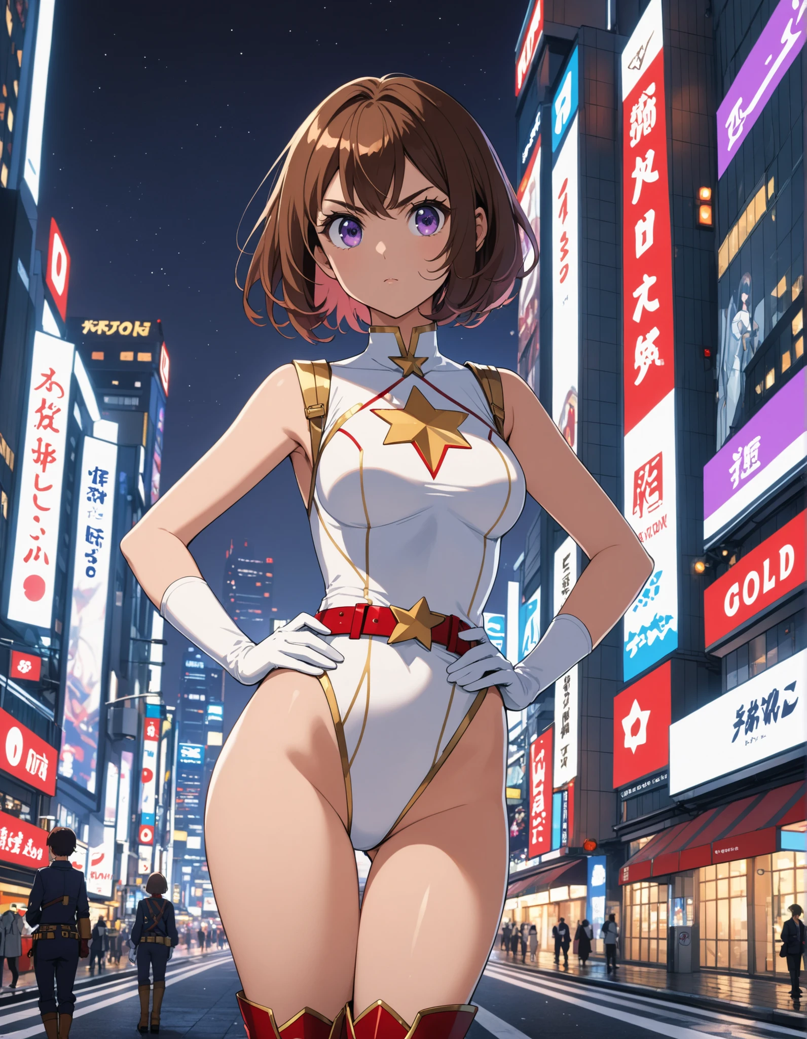 1girl, solo, bob hair, brown hair, purple eyes, (full body), standing, perfect hands, hires, fine details, hands on hip, (sleeveless blue, white and red leotard with yellow accents and star emblem embedded in chest area), matching white gloves, bare legs, superhero, tokyo city backdrop, matching boots, medium breasts, 20 age