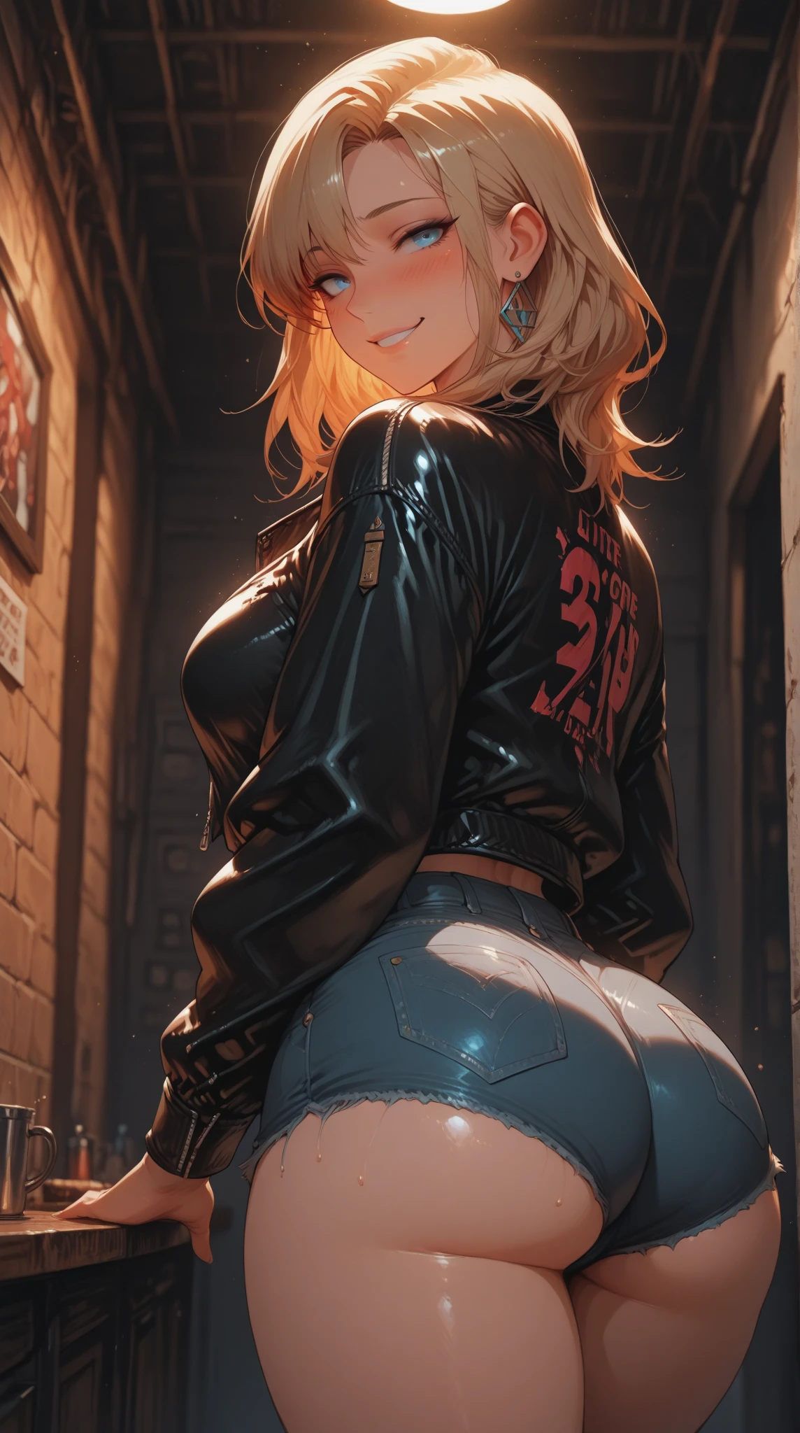 20 year old woman, busty, bubble butt, hourglass figure, skinny, sexy pose, confused, scared, expression, wearing black corset, black jeans, black heeled boots, messy platinum blonde hair, blushing