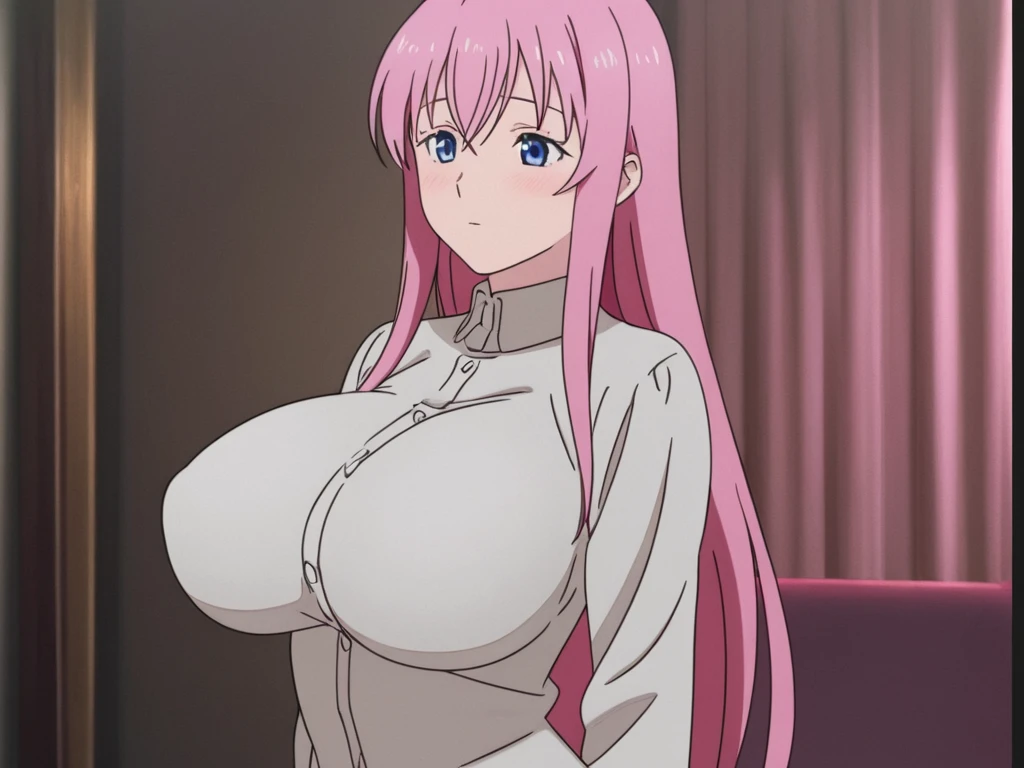score_9, score_8_up, score_7_up, source_anime, best quality, masterpiece, rating_explicit, uncensored, anime screencap, megami magazine, BREAK, euphemia li britannia, pink hair, long hair, purple eyes, double bun, huge breasts, nipples, cleavage, pink dress, long sleeves, cleavage cutout, flower, choker, flower choker, gardee, looking at viewer, blush, smile, closed mouth