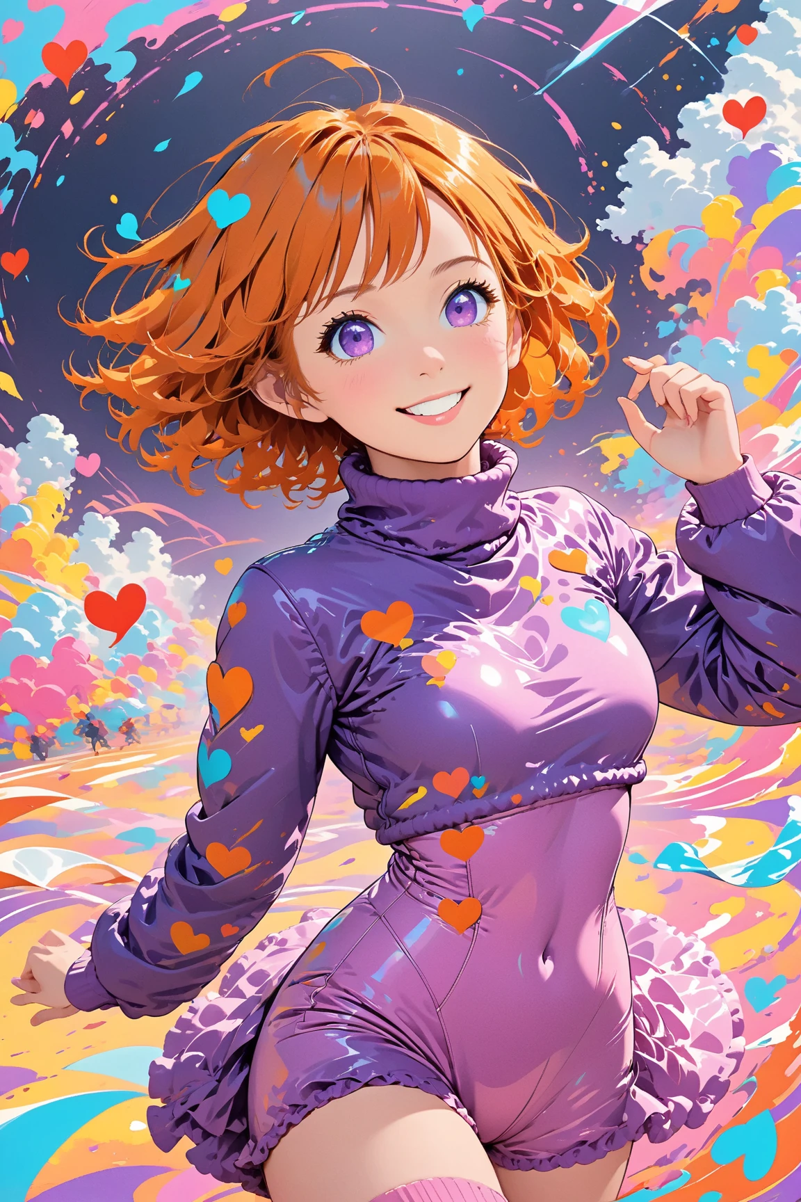Like pop art, best quality, Ultra-fine, 16K, Ridiculous, Very detailed, delicate and dynamic, Cute female warrior, Awkward smile, Orange Messy Wavy Short Hair, Purple Eyes, Pink Seamless Turtleneck Bodysuit, Purple short down jacket, Purple boots, Heart shaped handprint, Wind, Wind-effect, Colorful laboratory plant with soft background, Mysterious Bullet-Shaped Spear