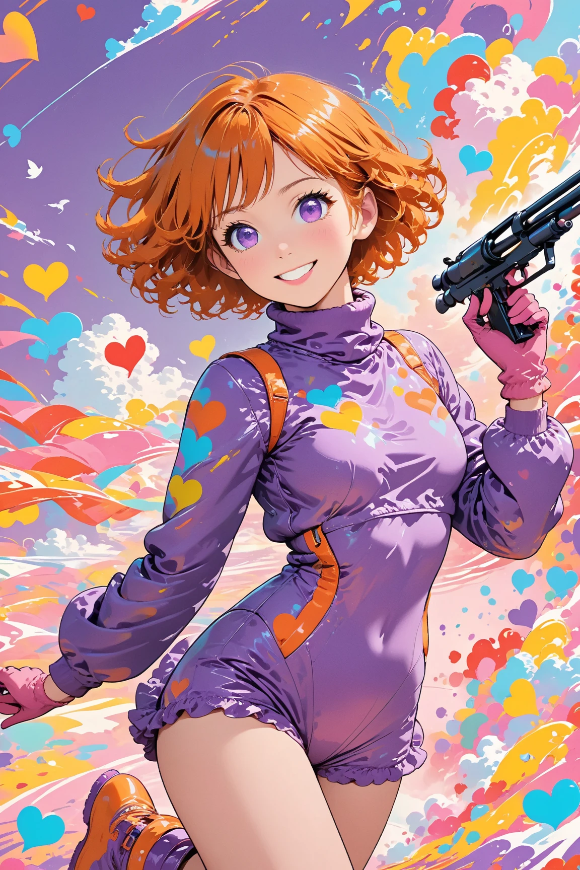 Like pop art, best quality, Ultra-fine, 16K, Ridiculous, Very detailed, delicate and dynamic, Cute female warrior, Awkward smile, Orange Messy Wavy Short Hair, Purple Eyes, Pink Seamless Turtleneck Bodysuit, Purple short down jacket, Purple boots, Heart shaped handprint, Wind, Wind-effect, Colorful laboratory plant with soft background, Mysterious Bullet-Shaped Spear