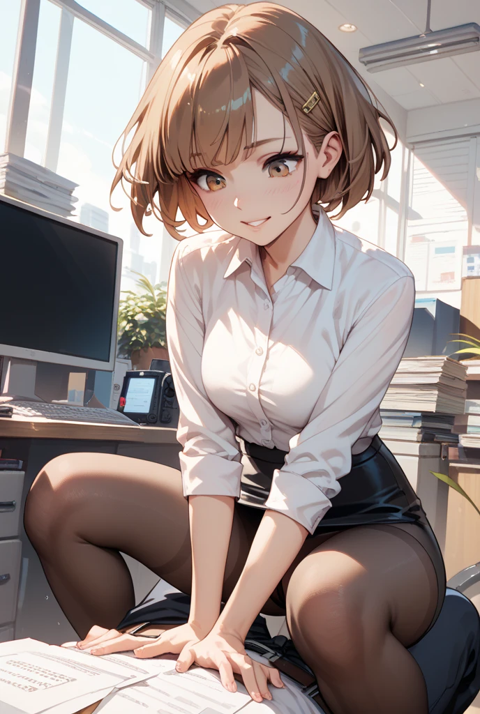 masterpiece、highest quality、Ultra-high resolution、Maximum resolution、Very detailed、Professional Lighting、anime、woman、thin、so beautiful、Brown Hair、Waist-length hair、Purple Eyes、Beautiful Eyes、Delicate eyes、Droopy eyes、Green Eyes、Black Hair、Short Bob Hair、Pink Lips、Gloss Lip、Gold triangular earrings、OL、Dark green business shirt、Black tie、Black business suit、Black mini tight skirt、smile、Sexy pose、Black high heels、Sit on a chair、Cross your legs、With documents in hand