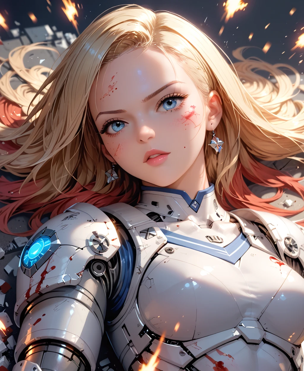 a battle hardened young woman, ash blonde hair, strong jaw, in a torn (Mech Pilot Suit:1.3), (dirty:1.2), (bloody1.1), blood on face, blood on clothes, exhausted, sweaty, blushing, windy, dust, bruises, cuts, broken suit