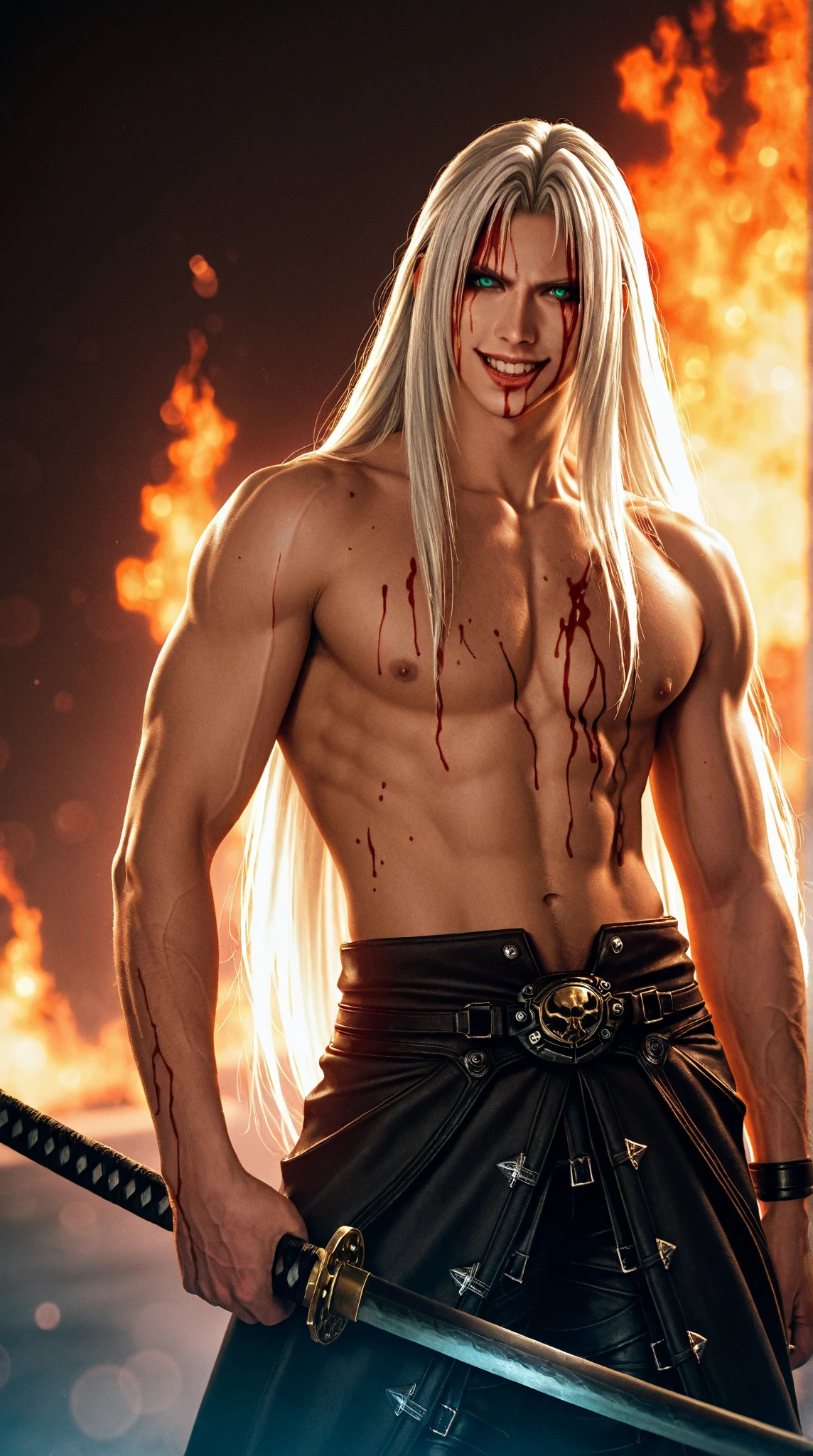 ((Best quality)), ((masterpiece)), 8k (detailed), ((perfect face)), perfect proporcions, ((halfbody)) he is a sorcerer, he is 30 years old, he dresses in a wizard's robe, gothic style, he has red eyes, he has long wavy white hair, he is in a witcher's hut, he is strong and muscular, he has the bare torso, he is a demon ((perfect face)) sexy male, gothic make up ((fullfbody)) white hair, he has demon wings, he has black horns, horns, demon, dominant, man face, ((perfect eyes)) red eyes, fire in the eyes,