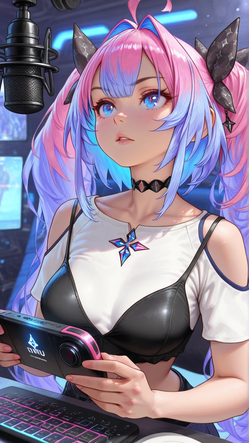 seraphine1, league of legends, pink hair,, big boobs, cleavage, digital illustration, vibrant colors, soft lighting, perfect face, absurdres, ultrasharp, 8K, glowing effects, long hair, gamer, digital girl, headphones,