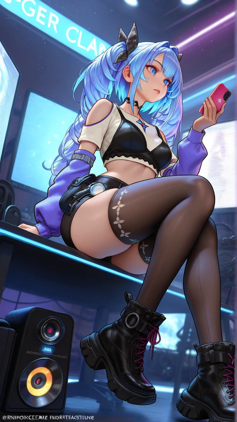 (a woman is sitting on a couch, she is holding a video game controller, she is wearing large headphones), (full body shot, wide shot), (purple hair, ponytail), (Masterpiece, Best Quality, High Details), (HDR, high dynamic range), octane render, realistic, realistic shadows, high contrast, anatomically correct, perfect hands, perfect fingers, beautiful face, beautiful eyes, (white blouse, leather skirt, pencil skirt), black pantyhose, high heels,