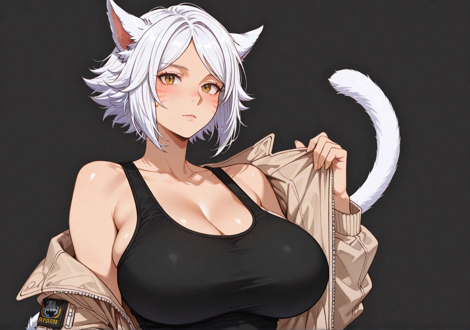 Young girl, long white hair, cat ears, cat tail, multi-colored eyes, heterohromia, left eye purple, right eye turquoise, white top, shorts, lot of tattoo, scars, open belly, wide neckline, boob window, smirk, claws, sexy pose, Masterpiece, best quality, Full HD, 4k, ultra details