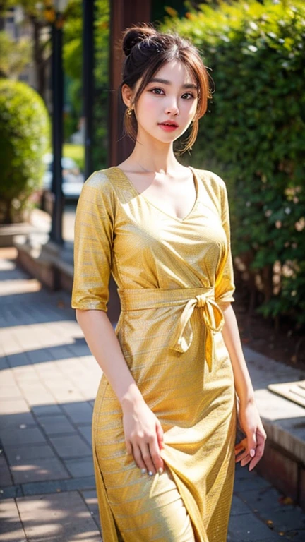 1 girl, hair bun, beautiful girl, mmTD burmese patterned traditional dress, yellow dress, outdoor, perfect light, masterpiece, best quality, ultra detailed, cinematic feels, looking at the viewer, 8k, RAW photo, realistic, photo realistic, intricately detailed, UHD, full HD, ultra resolution