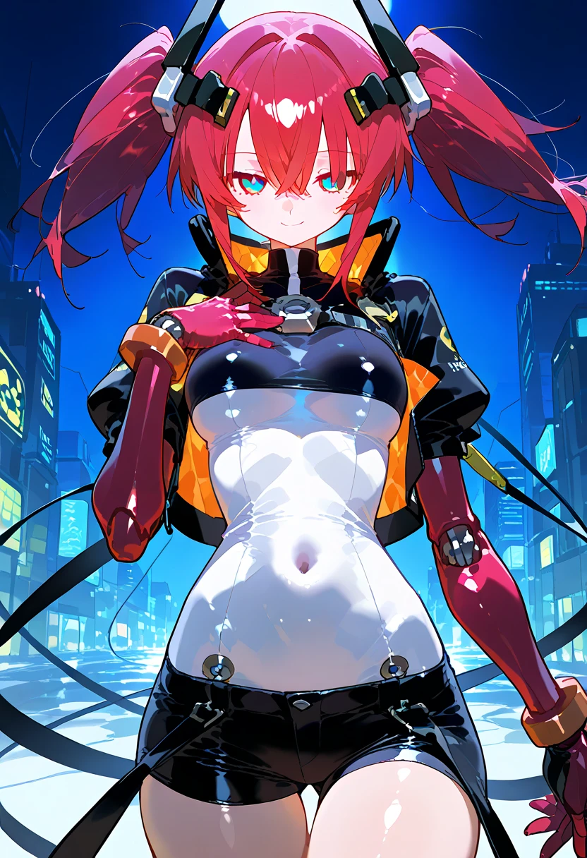 A monster ,GIRL with six arms, reference to hindu gods (((girl))) with striking orange hair styled into two ponytails resembling the jaws of a Mawile from Pokémon, sporting a (((white leather jacket))) with cyberpunk details and matching orange-and-black bikini bottoms