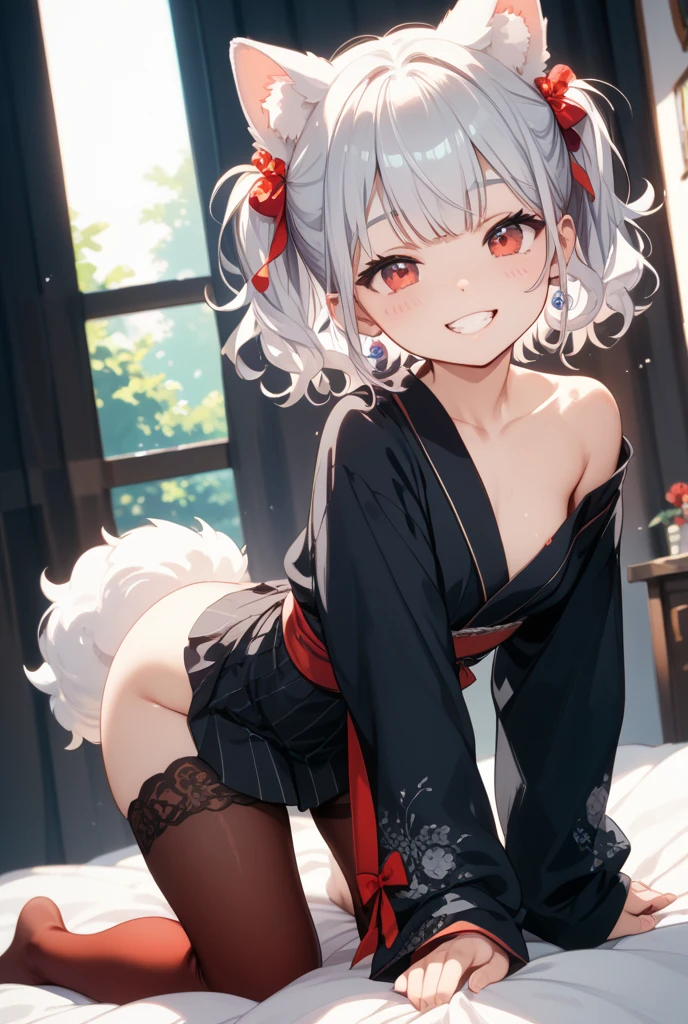 (((best quality)), ((masterpiece)), (details), masterpiece, best quality, high quality, ulutra detailed, perfect face, ((1girl, blue eyes, cat ears: 1.3 silver bob hair: 2.5,)) 、Shiny Hair、Glowing Skin、blush、Lustful look、Beautiful Kyungsi、Aodai official wearing a banknote、Chinese clothes、Claw Pose、Small fangs、blue sky、cloud、Ocean、(Splash:1.3)、
