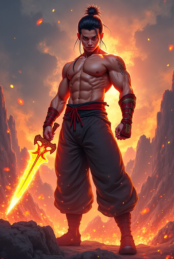 The handsome monk flew in the air,The broken Buddha statue is behind the monk,The sky has a red moon,The dagger is by his side,Dark style,The monk was covered in blood