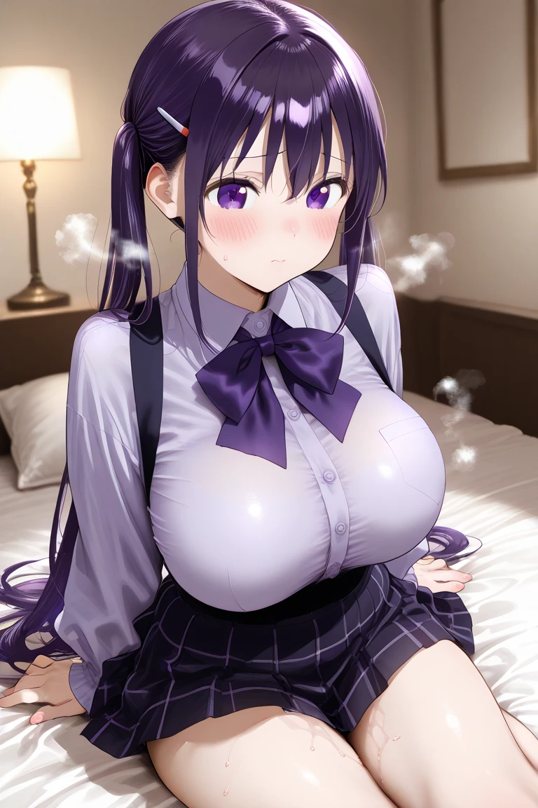 masterpiece、highest quality、beautiful girl、high school student、low length、A few boys and a girl（boys）is watching、thin eyebrows、big breasts、Pink rubber、Fashion based on purple、black hair、long hair、twin tails、exposing one&#39;s chest、両腕で胸を寄せてemphasize the chestしている、Put your hands on your chest、Breasts occupy the bottom third of the screen、embarrassed look、A little tearful、shed tears、rolling my eyes、large, round eyes、I can see the nipples、emphasize the chest、My tie is stuck in my chest、The tie is a little wrinkled、A large amount of milk gushes from the nipples、breast milk squirting、plump body、thin waist、bra is hidden under the breasts、light pink nipples、inside the classroom、wearing a pink cardigan、large amount of breast milk、Bukkake from male genitalia、Facial、Chest cumshot、Semen splashes on my face、large amount of semen、panting voice charactery breasts are massaged from behind by an excited boy