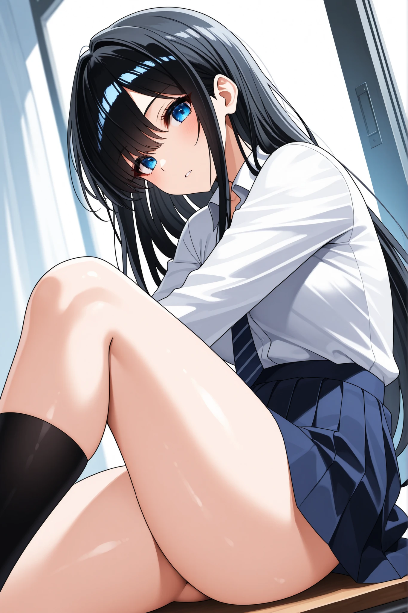 8K,masterpiece, Bast quality,big, (Ultra-thin contour lines), (1 Girl), Tifa Lockhart, red_eye, Black Hair, Long Hair, Professional Lighting, (Shiny skin: 1.2), shiny big, ((Highest quality)), Sharp focus: 1.2, Highly detailed face and skin texture, detailed eye, Perfect Face, Perfect body, Blur Art, CG, background, Big Breasts, in front (18-year-old, Cool and beautiful adult face), wear ((Suspender Black Skirt), Black elbow gloves, White tight shirt, thigh, White tank top), red面, (White Maiden), (White panties digging into pussy), Futuristic tabletop, Sue Steampunk sitting at a desk with her knees up, Browsing Caution,