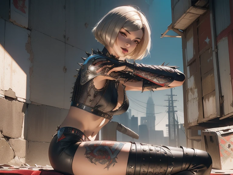 ((top-quality、8K、32K、masterpiece、nffsw:1.3)), (superfine illustration)、(超A high resolution), (((adult body))), (((1girl in))), ((( Bob Shorthair ))), 25-year-old cyberpunk gladiator with a perfect body, Shoulder pads with metal spines, Gladiadores in Brooklyn, (( Bob Shorthair )), Small leather panties, Torn rugby team shirt, Almost naked in Simon Bisley's urban savage style, short blond hair, Minimum clothing, Metal protection on the left arm with complex graphics, Dark red with white stars and blue and white stripes, s Armor, Full of tips and rivets, Poison tattoo (((Image from the knee up))), short white blonde hair, In the background、 There is a wall with an intricate design painted by Shepard Fairey