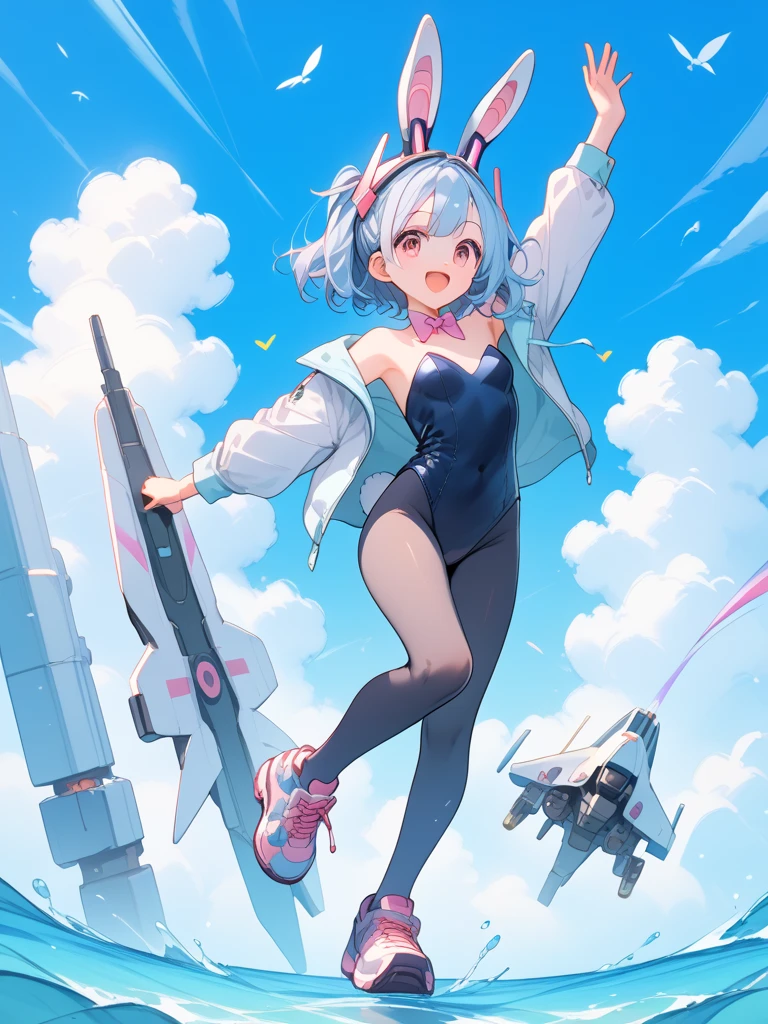 score_9_up, score_9, score_8_up, score_7_up, source_anime,masterpiece, best quality, high resolution, extremely detailed CG, absurdres, highres, 1girl solo, a mecha bunny girl jump on top of a futuristic circular device in universe, long hair, thighhighs, animal ears, rabbit ears, blue eyes, breasts, long sleeves, white thighhighs, headphones, medium breasts, very long hair, boots, smile, armpits, hands near head, kawaii, vivid color, good_hands