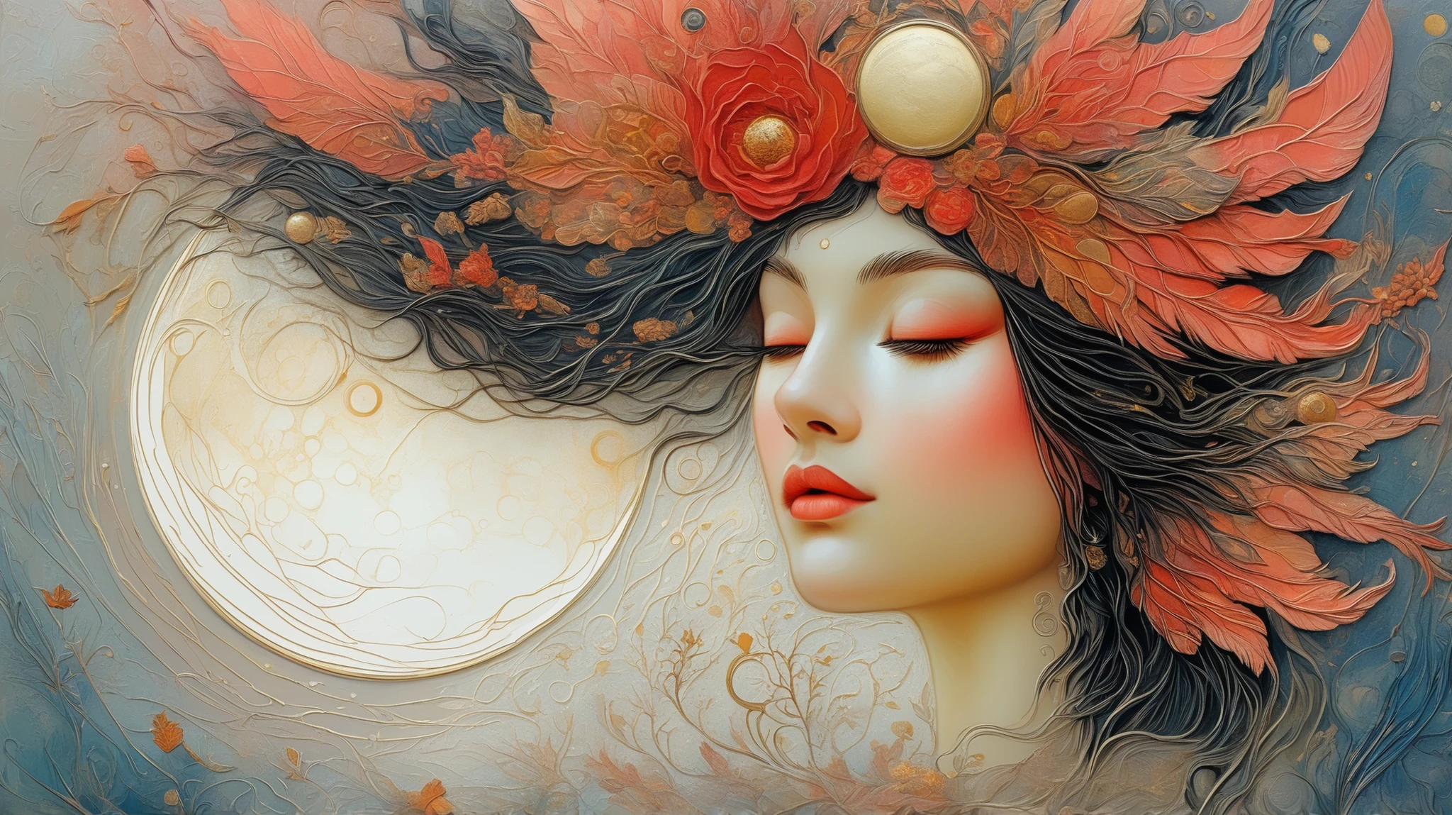 a painting of a woman with wings and a moon in the background, Botticelli and Victo Ngai, ethereal wings, beautiful and intricate painting, por Kelly Mckernan, beautiful intricate painting, intricate and detailed painting, Ethereal Angelic Being of Light , ornate and fluid , inspired por Kelly Mckernan, abrindo suas asas, Beautiful representation , asas abertas.
In this stunning artwork, a mystical figure appears with hair flowing blacks and an expression of serene introspection. She is adorned with large, intricately detailed wings that are a captivating mix of red, coral, e toques de ouro, echoing the patterns found in the adjacent celestial orbit — a golden moon adorned with textured ornaments. Around it are ethereal circles and abstract lines that contribute to the dream quality of the scene. The background is a harmonious blend of coral and muted gold tones, with stripes of dripping ink that create a sense of movement and fluidity. The use of contrasting textures and vibrant colors gives the image a sense of tranquility and dynamic beauty, , while the artwork suggests themes of spirituality and transformation, that invokes an atmosphere of reflective calm in the midst of cosmic chaos.
