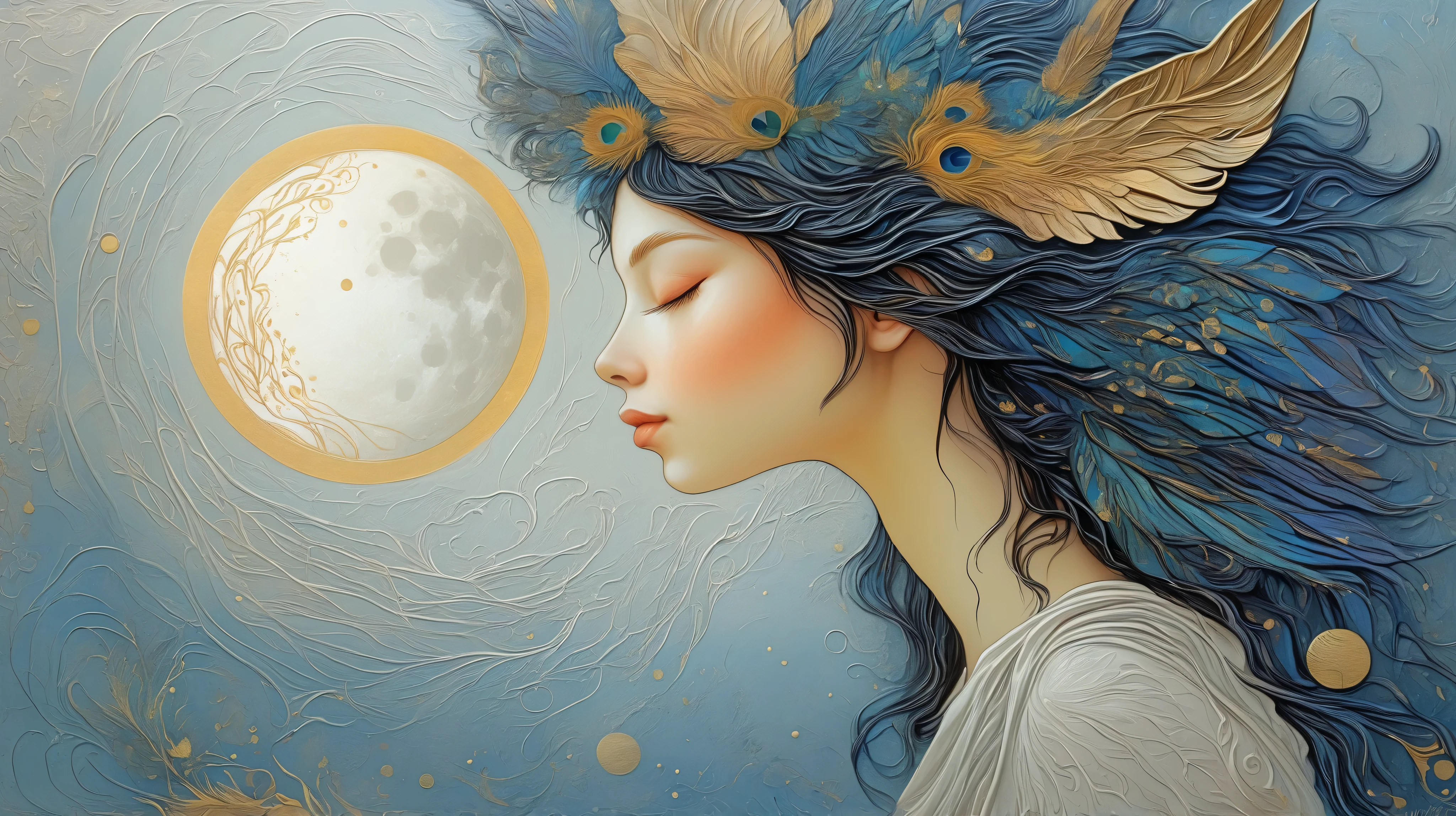 a painting of a woman with wings and a moon in the background, Botticelli and Victo Ngai, ethereal wings, beautiful and intricate painting, por Kelly Mckernan, beautiful intricate painting, intricate and detailed painting, Ethereal Angelic Being of Light , ornate and fluid , inspired por Kelly Mckernan, abrindo suas asas, Beautiful representation , asas abertas.
In this stunning artwork, a mystical figure appears with hair flowing blacks and an expression of serene introspection. She is adorned with large, intricately detailed wings that are a mix of captivating and flowing wings that are a captivating mix In deep blue, turquesa, e toques de ouro, echoing the patterns found in the adjacent celestial orbit — a golden moon adorned with textured ornaments. Around it are ethereal circles and abstract lines that contribute to the dream quality of the scene. The background is a harmonious blend of rich peacock blue and muted golden tones, with stripes of dripping ink that create a sense of movement and fluidity. The use of contrasting textures and vibrant colors gives the image a sense of tranquility and dynamic beauty, , while the artwork suggests themes of spirituality and transformation, that invokes an atmosphere of reflective calm in the midst of cosmic chaos.