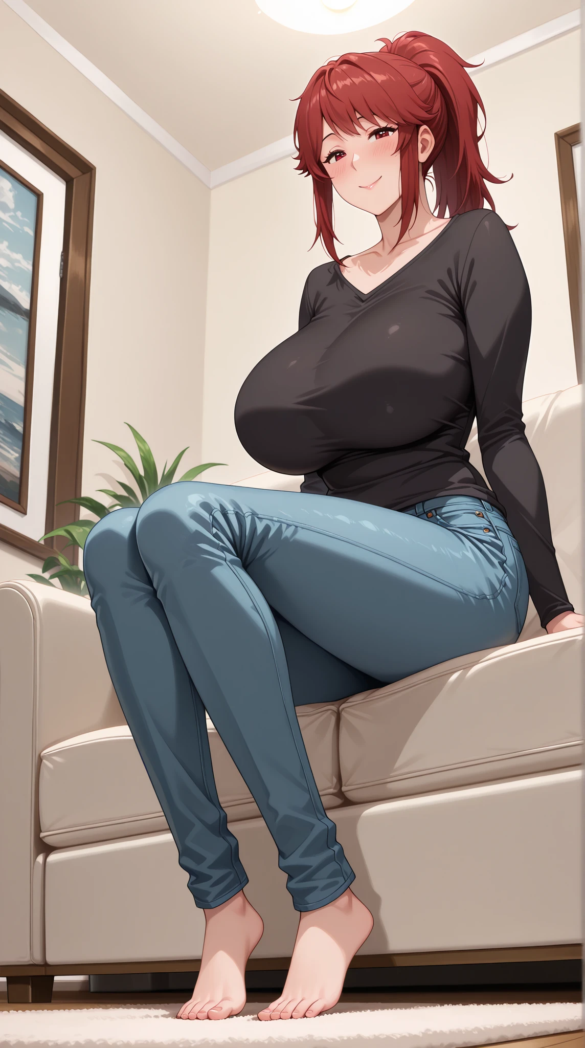 tmasterpiece, Best quality, ultra - detailed, realistically, illuminations,(1 busty girl),beautidful eyes, dress room, Close-up cleavage, (breasts focus), (crouched:1.2), (from below:1.1), legs are open, red blonde, pony tails, mediuml breasts, (Protruding cleavage breasts:1.3), cropped shoulders:1.1), shorter pants, Crop top