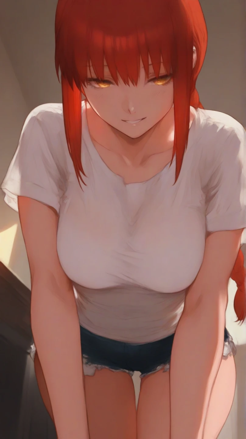 masterpiece,best quality, official art, extremely detailed CG unity 8k wallpaper, ((top quality, 8k, masterpiece: 1.3, ultra hd, high quality, best quality, high definition, ((realism)), sharp focus: 1.5, pornographic exposure, 1 girl,（Very detailed CG unity 8K wallpaper), Dark Cinematic Lighting, cinematic lighting, makima \(Chainsaw Man\), medium breasts, nipples, areola nipples, nipple bulge, Wearing a white shirt with open buttons, Spread legs, open legs, They are smilinal:1.2 ), Looking at the viewer, (interview:1.3), dark background, pubic hair, her vagina is clearly visible,  coming out of her vagina, Her vagina was pierced by a big penis, abs, sex pose, cowgirl pose, pov girl on top, view pov girl on top, mating press on her vagina, mating sex, The best quality,