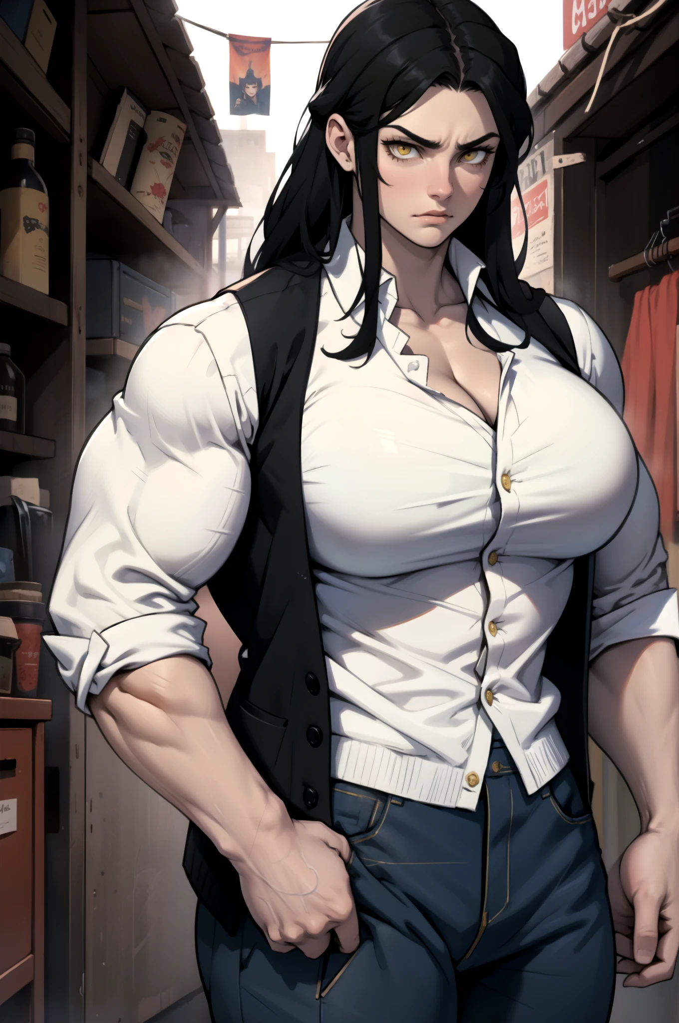 (((((muscular))))), (((thick thighs, breasts toned body, 1 girl))), black hair, pale skin, yellow eyes, frown, very long hair, ((waistup)) tight shirt tight pants sweaty
