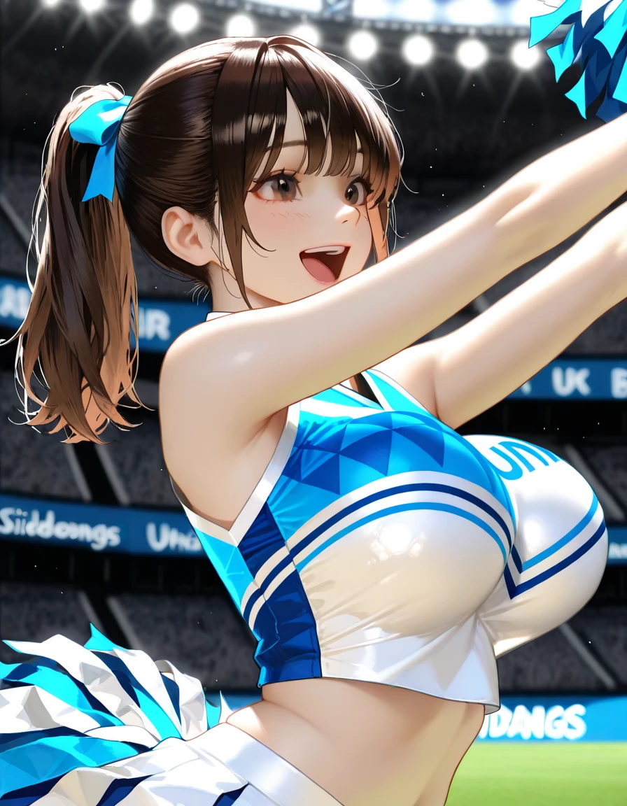 1woman having sex,hyperrealistic,mature woman,standing doggystyle,blushed,flying heart-shapes,shaking effect,black hair,open mouth,saliva,shouting bubbles,curvy body,cheerleading costume,at vulgar nightclub,from side