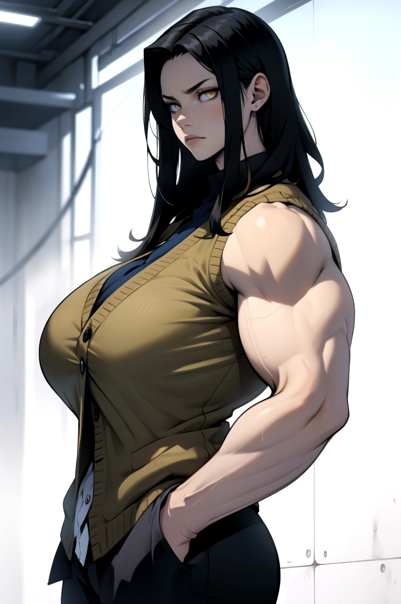 Anime, 2d anime, cartoon anime, detailed illustration, dynamic angle, ultra-detailed, detailed eyes, detailed face, illustration, 1girl, late 20’s year old, Big woman, Asian American, very tall, broad shoulders, silky long black hair, muscular, tone body, a little bulky, muscular arms, wide shoulders, tall woman,  happy, shy, embarrassed, blushing, hands together, broad shoulders, large muscles, night time, Evening, standing by a window , in a long flowing yellow sundress, in a nice house, living room, dark wood panel walls, dark hard wood floors, standing in doorway, dark outside, night time, luxurious mansion, stary night outside the windows, erect nipples, not looking at camera, looking to the side, aroused but embarrassed,