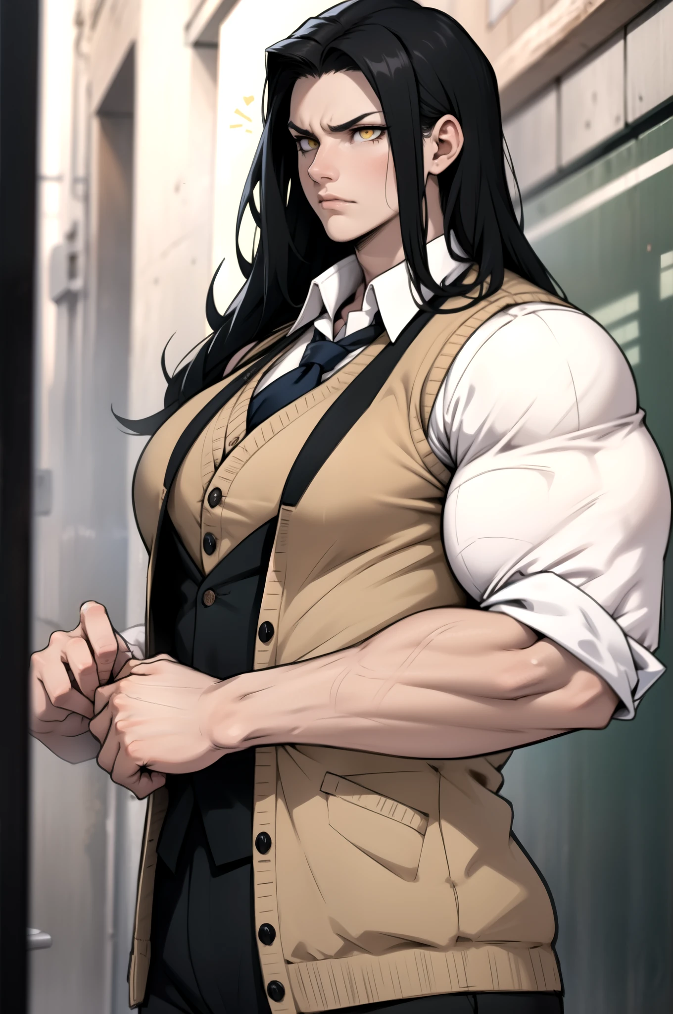 (((((1 girl))))), black hair, yellow eyes, very long hair, ((((((muscular)))))), tall, pale skin, (goth fashion), (solo), (seductive expression), cowboy shot
