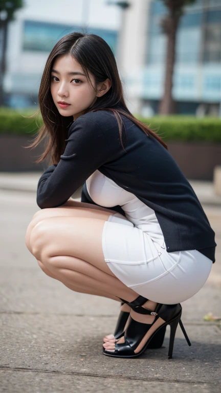 (Photoreal: 1.4), (Hyperrealistic: 1.4), (Realistic: 1.3), (Smooth Lighting: 1.05), (Improved cinematic lighting quality: 0.9), 32K, 1 female, 24 year old business woman, squatting on her knees, Realistic lighting, Backlight, Face lights, Ray Tracking, (Bright light: 1.2), ( Quality improvement: 1.4), (highest quality realistic texture skin: 1.4), fine detailed eyes, detailed face, fine quality eyes, dark brown eyes, (tired, sleepy and satisfied: 0.0), white blouse, dark blue tight skirt with slit on the side without body fitting ornament, dark brown hair, pure white silk socks, black strap pumps, light indoor white wall background
