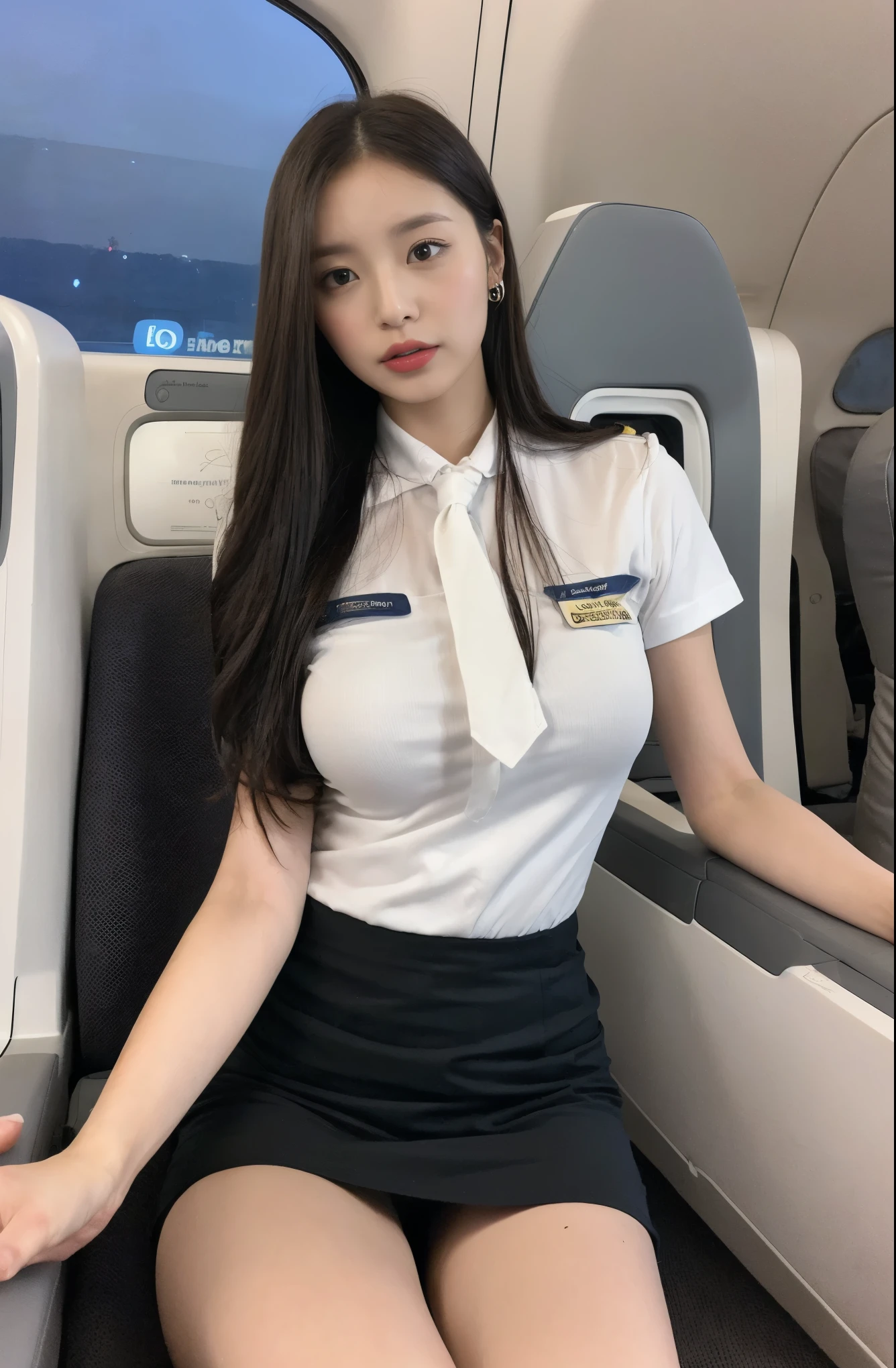 ((Don't wear panties)), ((Female genitalia in full view)), ((Stewardess uniform))、(((Hairstyles summarized)))、(8K、top-quality、masterpiece:1.2)、(reallistic、Photorealsitic:1.2)、 Phenomenally Beautiful Female Cabin Attendant、24 year old、Beautifully put together hair、French Twist、(((Don't wear panties)))、(((Crotch wide open)))、独奏、In-flight services、watching at viewers、(Sit up:1.5)、On the plane、(((Push the in-flight cart)))、large full breasts、Fine and beautiful eyes)、(Dark blonde hair:1)、(long:1.1)、pantyshot, Spread your legs apart, (((tight skirts))), A dark-haired, bblurry, blurry backround, Black Knee High, Black pumps, life-like, length hair, s lips, Brown-eyed, Black knee-high stockings, masterpiece, top-quality, ultra-detailliert、(((Fetish Shots)))、(((Open your crotch wide)))、Inviting eyes、