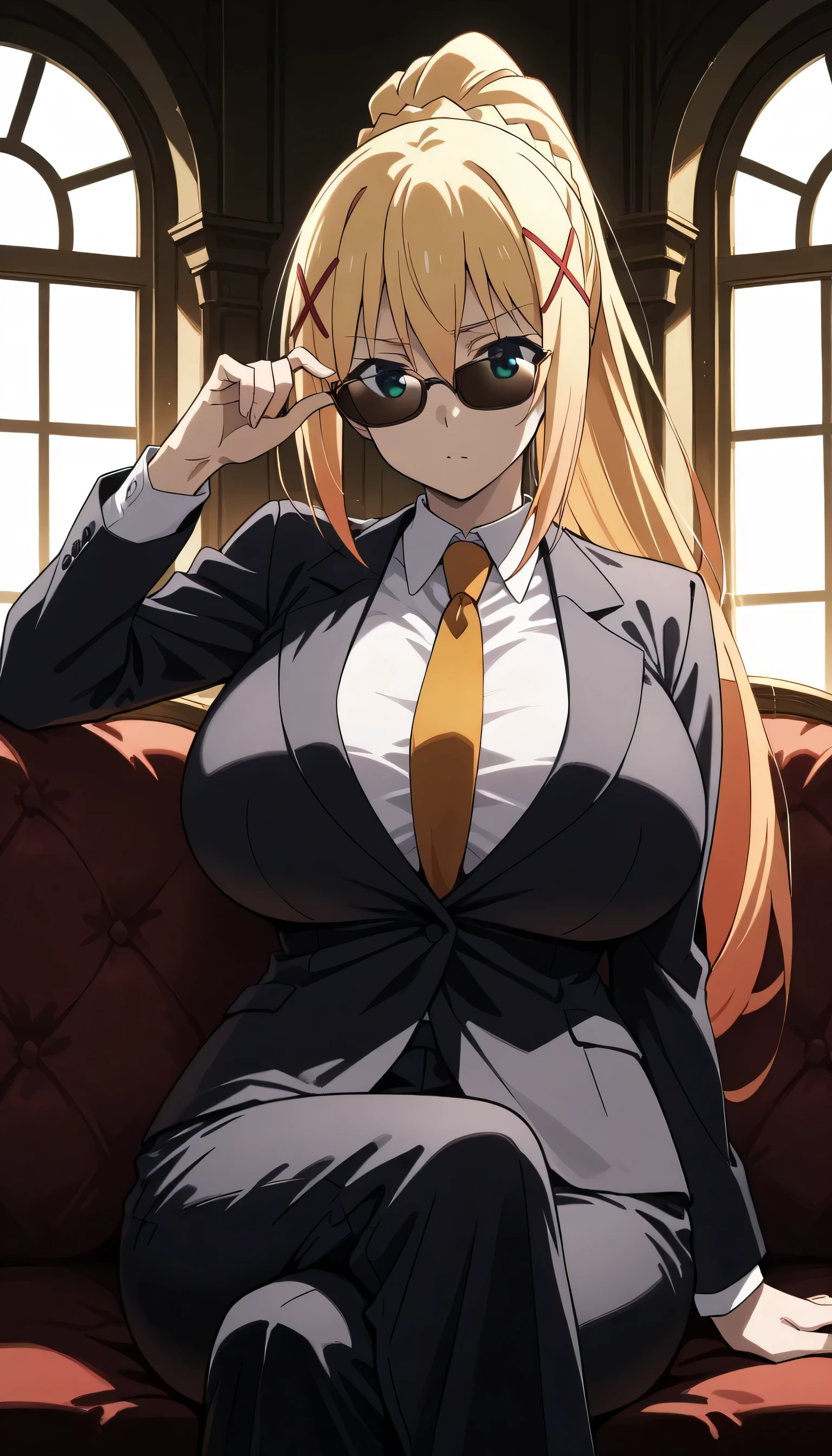 Give your images flat even illumination (negative) or dramatic chiaroscuro lighting (positive), 1girls, huge breasts solo, , sitting, looking_at_viewer, indoors, , window, solo, , sunglasses, suit, formal, necktie, , adjusting_eyewear, long_sleeves,,darkness \(konosuba\), long hair, green eyes, blonde hair, hair ornament, ponytail, braid, x hair ornament,