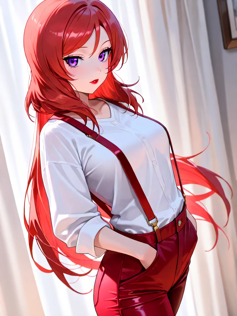 An anime girl with red hair and blue eyes wearing a skirt and an open shirt revealing a black and red bra