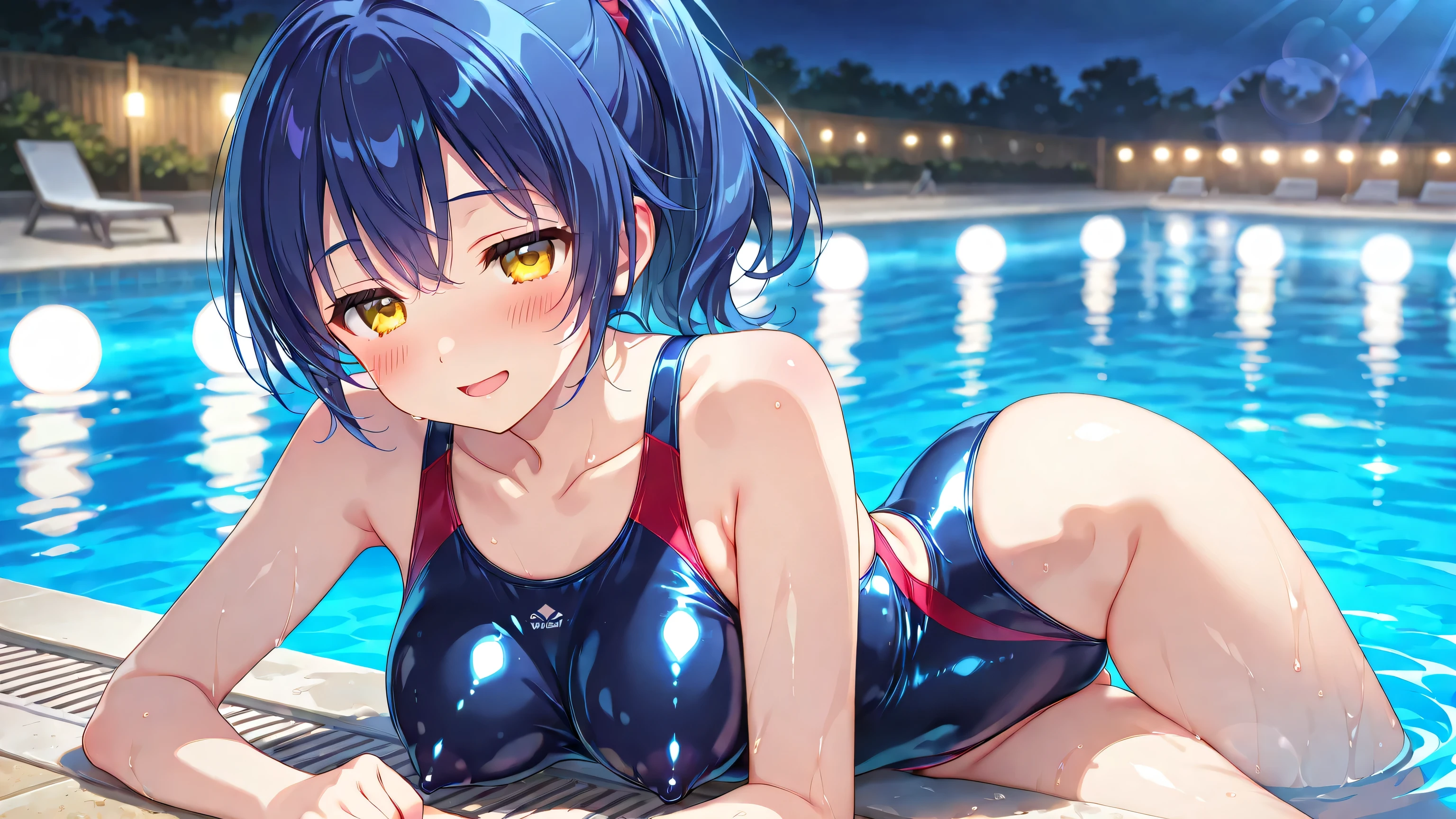 ((masterpiece、top-quality:1.5、a high chroma:1.5、ultra-detailliert、high-resolution illustrations:1.5、Ultra-high-definition CG、8k size wallpaper、offcial art))、((from above:1.8)),(1woman,),(cute face:1.5,cute eyes:1.5)、((face:1.5)),((close to viewer:1.8,face only:1.5)),((Close to the viewer:1.8、only face:1.5))、
(grin:1.3)、(sexy body),((on back:1.8)),(competition swimsuit:1.5)、,(multicolored hair:1.5), (large breasts:1.5)、(Portrait:1.8),(portrait:1.8),(curvy:1.3)、(Portrait:1.8)
,(Shining amber eyes:1.5),(midsummer floating in an outdoor pool:1.5)、(upper body)、