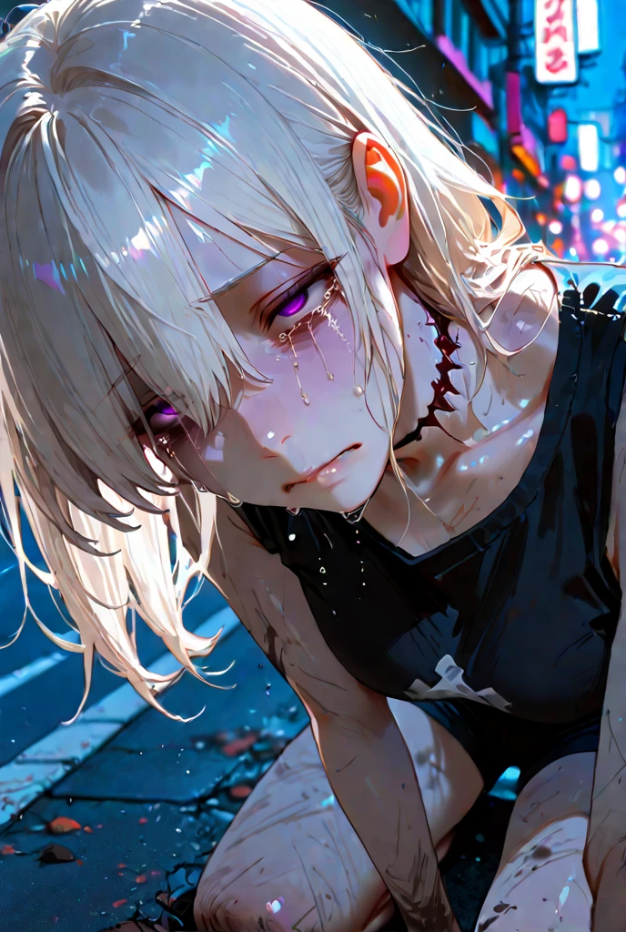 Nsfw white sticky substance on breasts tied with tight ropes, swollen breasts, crying eyes, tongue out with saliva, expression of ecstasy, arms with chains up, white hair clear forehead, violet eyes, tanned skin, sweat, in a basement.