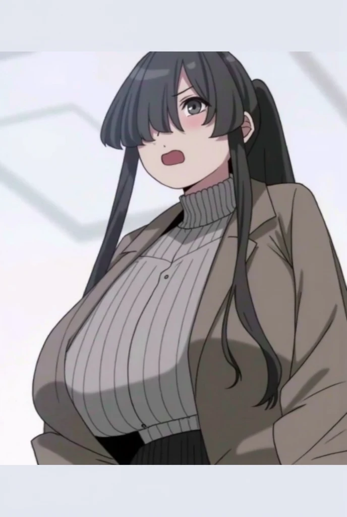 ((Tabletop, Highest quality, High resolution, Pixel perfect, 4K, nsfw)))、1 Girl, single, alone, Beautiful woman、 ((short hair, Long sideburns、Black Hair)), ((Red eyes, Beautiful eyelashes, Realistic eyes)), ((Detailed face, blush:1.2)), ((Smooth texture:0.75, Realistic texture:0.65, Realistic:1.1, Anime CG Style)), (((Muscular)))、((Huge breasts、Thick thighs)), Perfect body、Office room at night、((((Embarrassing、blush))))、((Sweat))、Gold Hair Ornament、Are standing、red ribbed sweater、