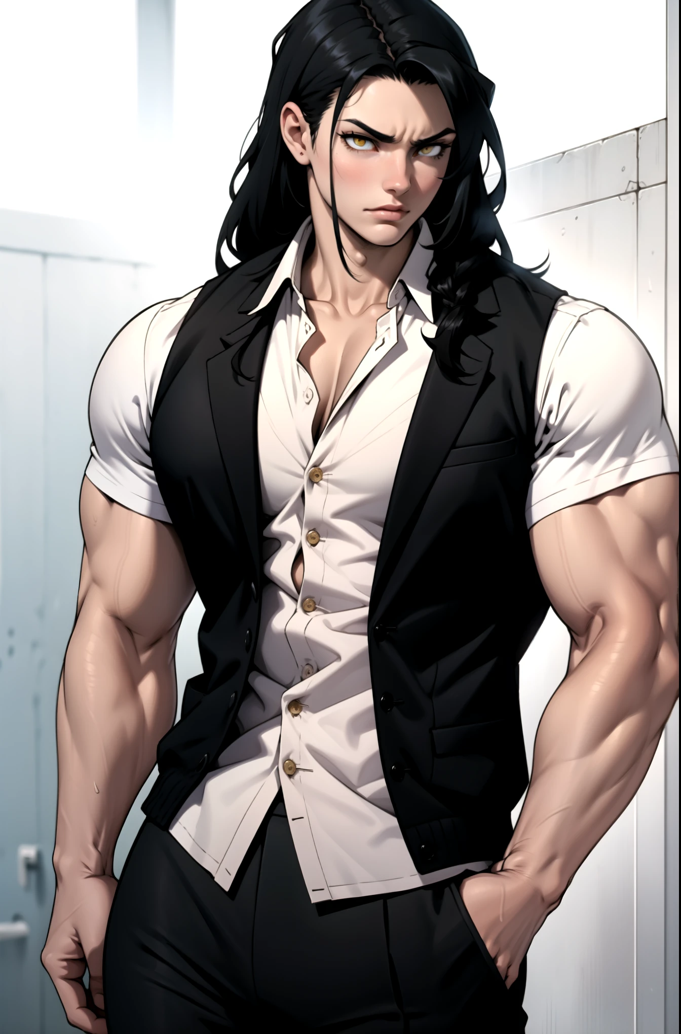Handsome male, black hair, long hair, emerald eyes, detailed body, detailed hands, black shirt, black pants, standing in the door, nightfall, huge bulge in pants, horns, piercings, long sleeve shirt, manly, arrogant expression, buff man, handsome, roman nose
