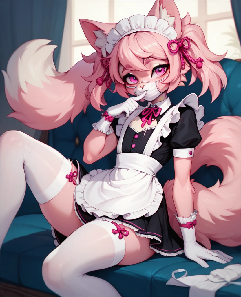 Highest quality, Highest quality, High quality illustrations, masterpiece, Ultra-high resolution, Detailed Background, room, On the bed, Absurd, Perfect Anatomy, performance, Good lighting, Shadows in the movies(kemono, Furry Personifi猫ion), Pink Skin, Rubber suit, Rubber suit, latex, neon, neonライト, neonカラー, Rubber maid outfit, ribbon, Rubber mask, Red harness