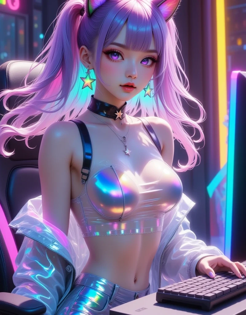 ((Лучшее качество)), ((шедевр)), (подробный), /nsfw_l method:2 1girl, animal_hood, breasts, building, cat_hood, choker, city, city_lights, cleavage, cyberpunk, glowing, hologram, holographic_interface, hood, hood_up, hooded_loak, hooded_jacket, hoodie, jacket, large_breasts, long_hair, looking_at_viewer, neon_lights, night, science_fiction, sitting, skyscraper, smile, solo, thighhighs, multicolored_bra, long_hair, blue_hair, background(wall, {neon}, {{purple graffiti}}, neon_text_on_the_wall, purple_smoke), dark_ambient, 8k, perfect, high_quality, octane_render, hyperrealism, atmospheric, concept_art, photorealism