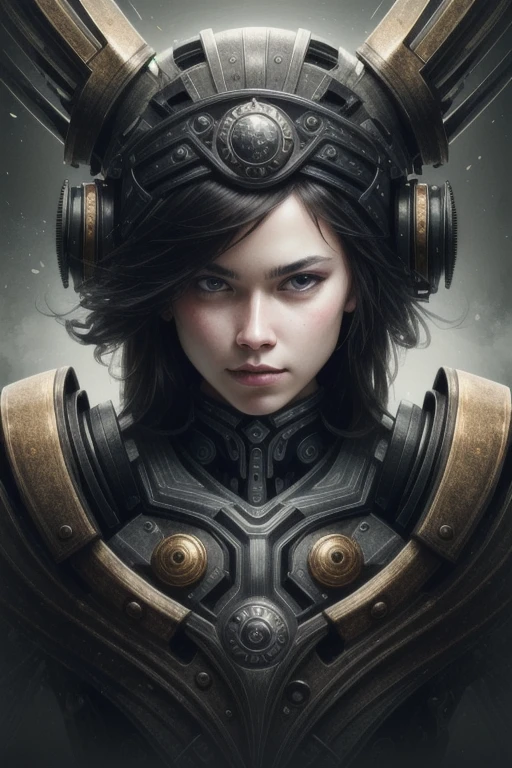 a close up symmetrical portrait of a cyberpunk gangster, biomechanical, mshn robot, splashes of orange red, hyper realistic, intricate design, (insanely detailed:1.4), (extremely fine details:1.35), Extremely sharp lines, steel, cinematic lighting, Photorealistic, a detailed painting by Ayami Kojima and Lilia Alvarado, (best quality, high quality, absurdres, intricate detail, masterpiece, cinematic), highly detailed, motion blur, film grain, noise, lens effects,