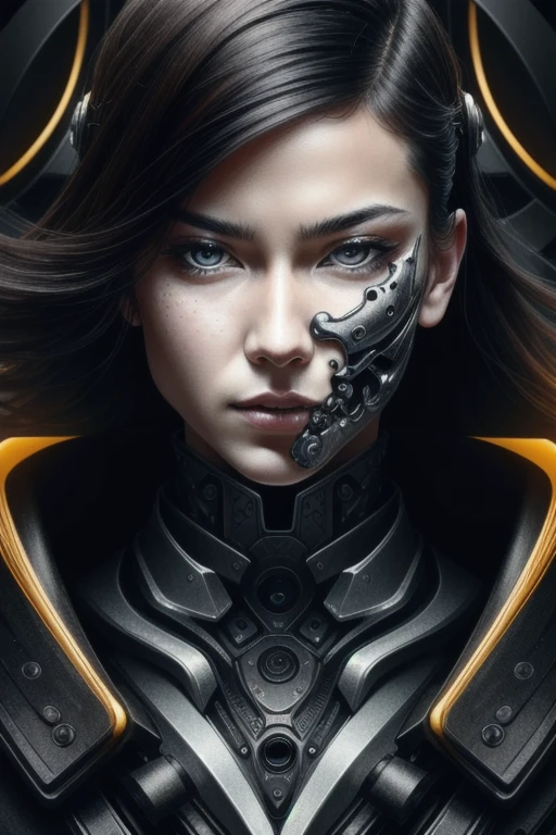 a close up symmetrical portrait of a cyberpunk gangster, biomechanical, mshn robot, splashes of orange red, hyper realistic, intricate design, (insanely detailed:1.4), (extremely fine details:1.35), Extremely sharp lines, steel, cinematic lighting, Photorealistic, a detailed painting by Ayami Kojima and Lilia Alvarado, (best quality, high quality, absurdres, intricate detail, masterpiece, cinematic), highly detailed, motion blur, film grain, noise, lens effects,