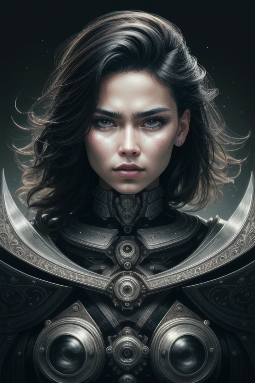 a close up symmetrical portrait of a cyberpunk gangster, biomechanical, mshn robot, splashes of orange red, hyper realistic, intricate design, (insanely detailed:1.4), (extremely fine details:1.35), Extremely sharp lines, steel, cinematic lighting, Photorealistic, a detailed painting by Ayami Kojima and Lilia Alvarado, (best quality, high quality, absurdres, intricate detail, masterpiece, cinematic), highly detailed, motion blur, film grain, noise, lens effects,